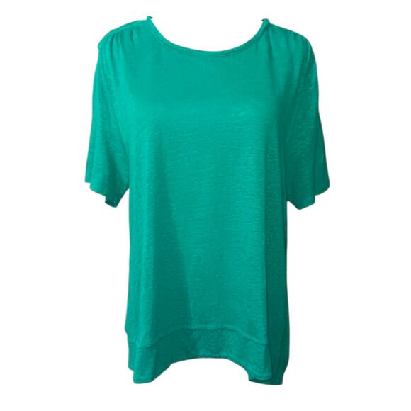 CHICO'S 2 100% Linen Long Tunic Top Tee LG Tiered‎ Back High/Lo Turquoise Green - Picture 2 of 8